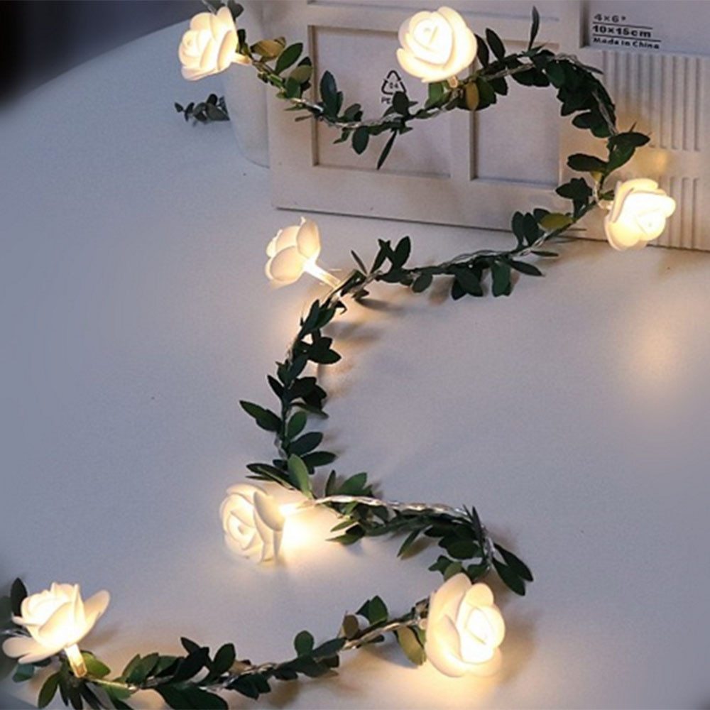 LED-Lichterkette mit Rosenblumenranke – Batterie-, USB- & Solarbetrieb, Warmweiß